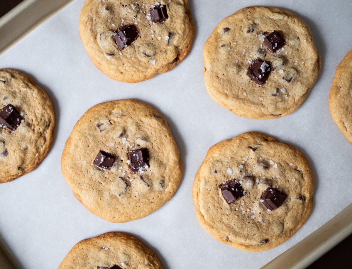 Cookies arranged on a tray, from above